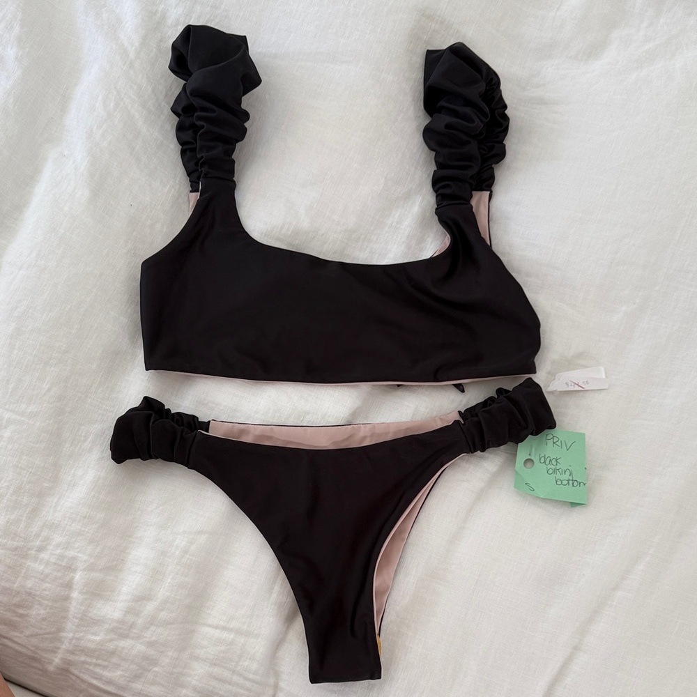 Black Bikini Set with Ruffled Straps